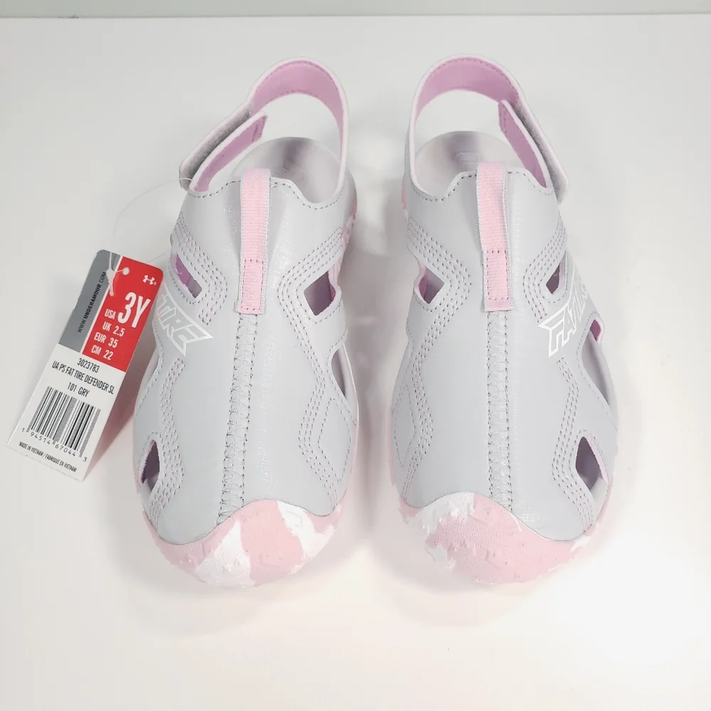 3Y Under Armour Tire Defender Grey Pink Sandals Girls Size 3Y